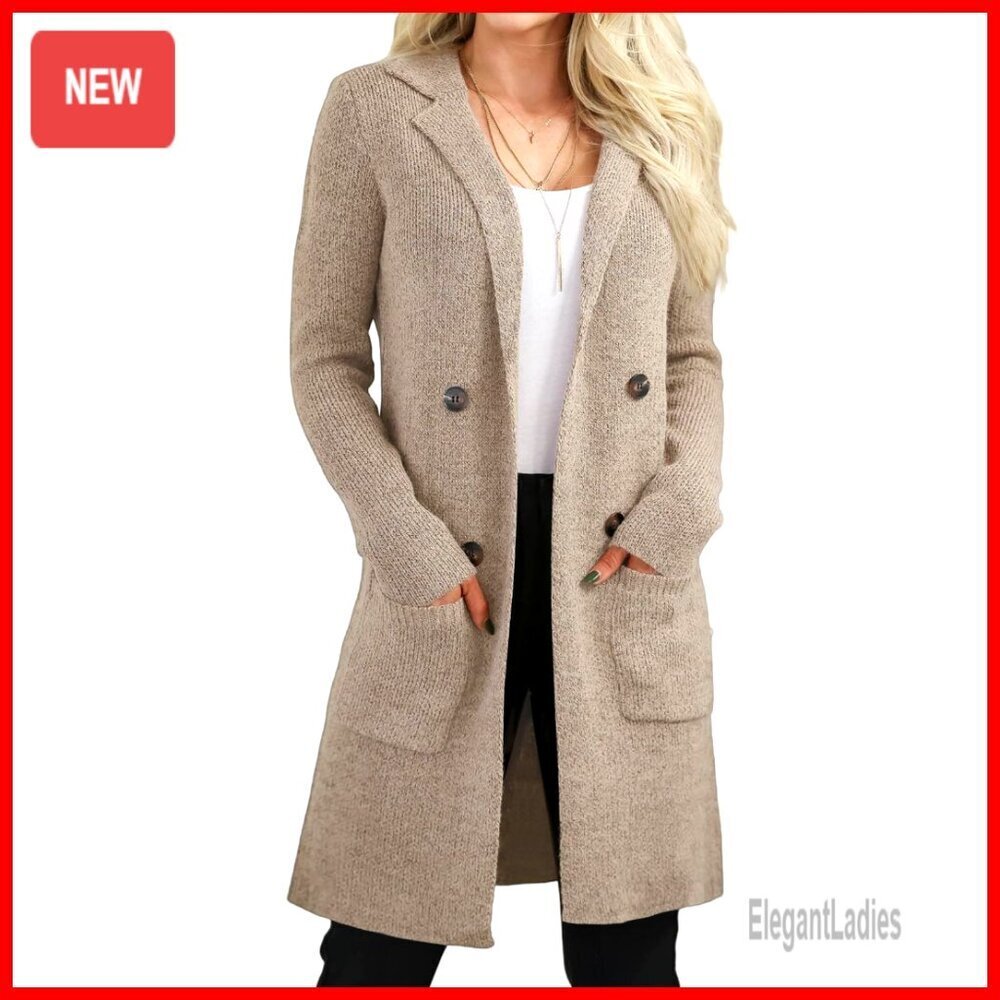 Long Open Front Cardigan Sweater with Pockets, Chunky Knit Coatigan